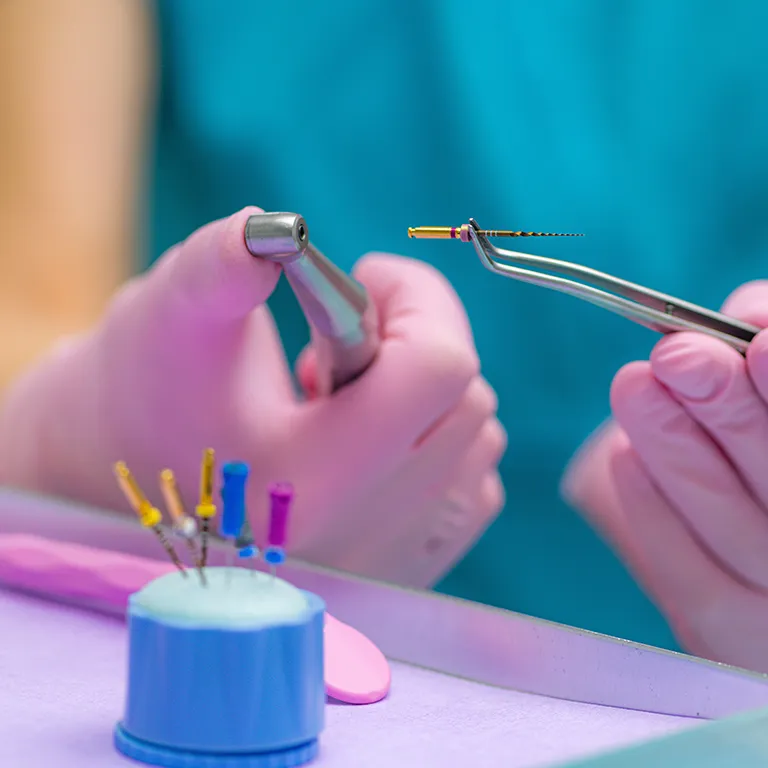 Image of a dentist holding root canal tools