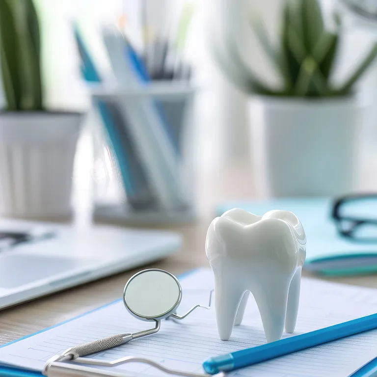 Image of a tooth and dental equipment on a desk